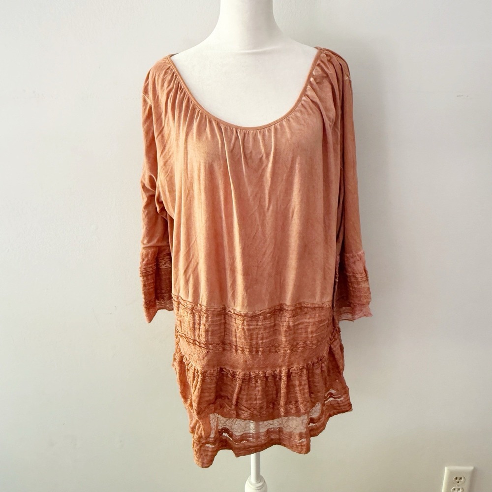 Song n Spirit Tunic Top Women XXL Peach Lace Trim Boho Peasant Ruffle Romantic